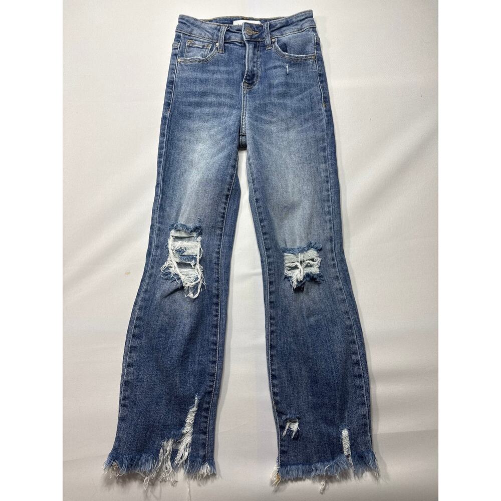 Risen Jeans Women's Distressed Straight Leg Blue Jeans - Size 0/24 (23x25)
